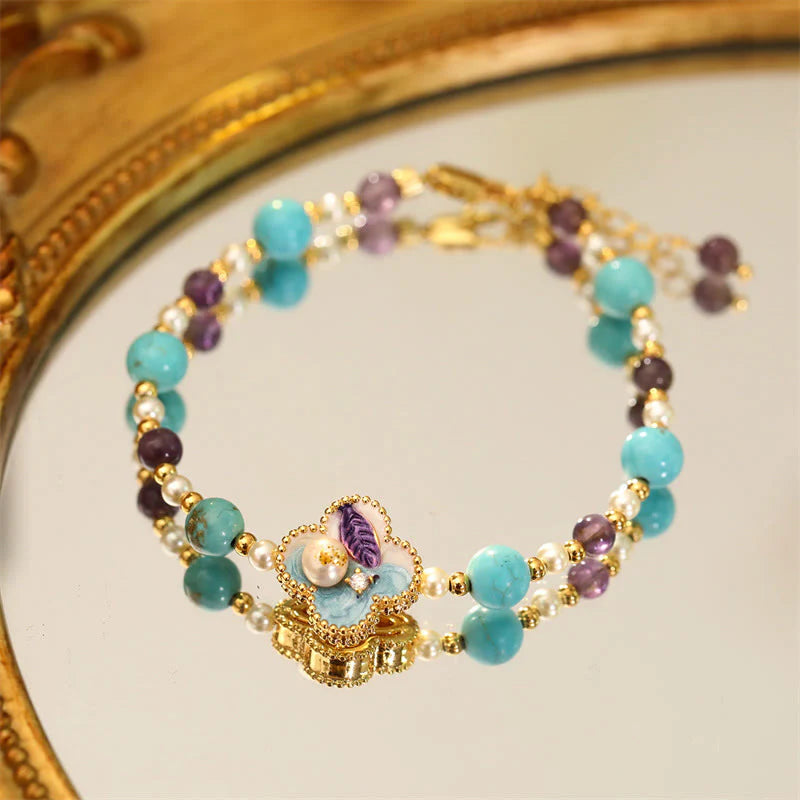 Buddha Stones Pearl Turquoise Beads Flower Design Copper Luck Chain Bracelet