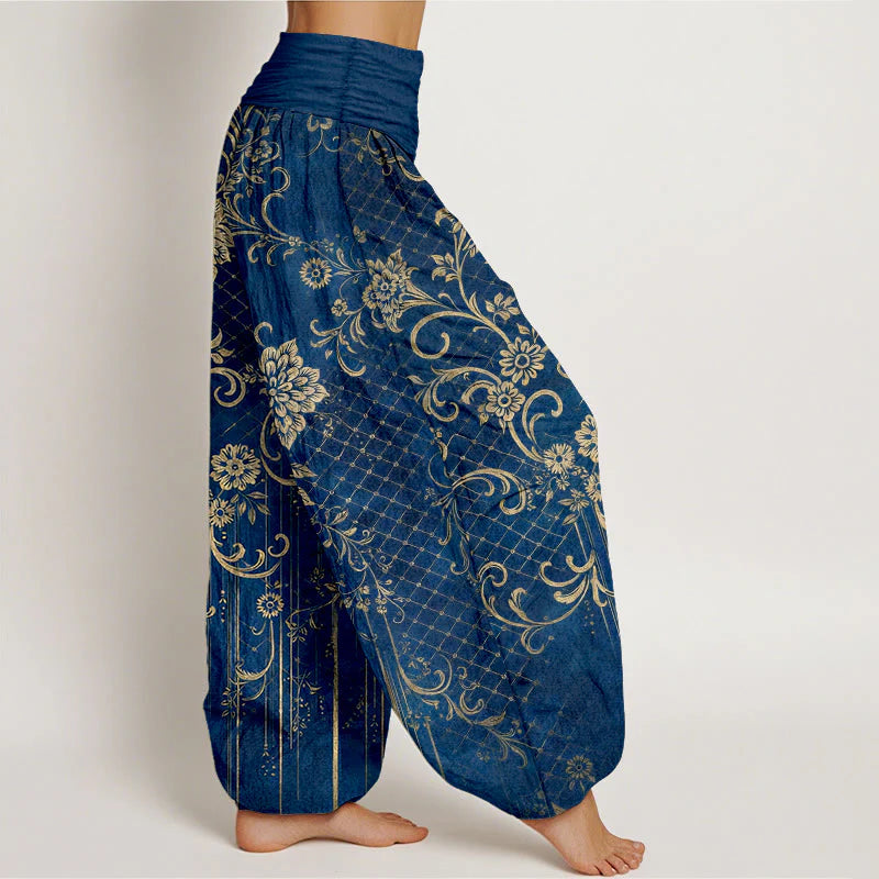 Buddha Stones Pure Cotton Classical Flower Leaf Vine Pattern Women's Elastic Waist Harem Pants