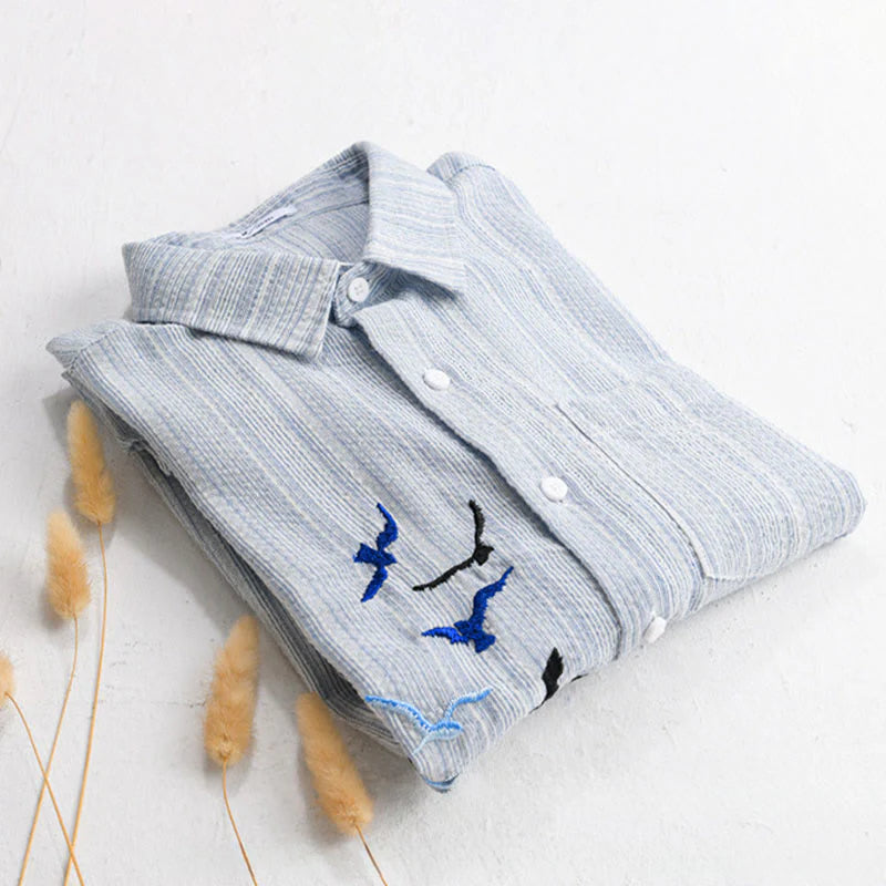 Buddha Stones Embroidery Bird Striped Pattern Long Sleeve Men's Cotton Shirt With Pocket