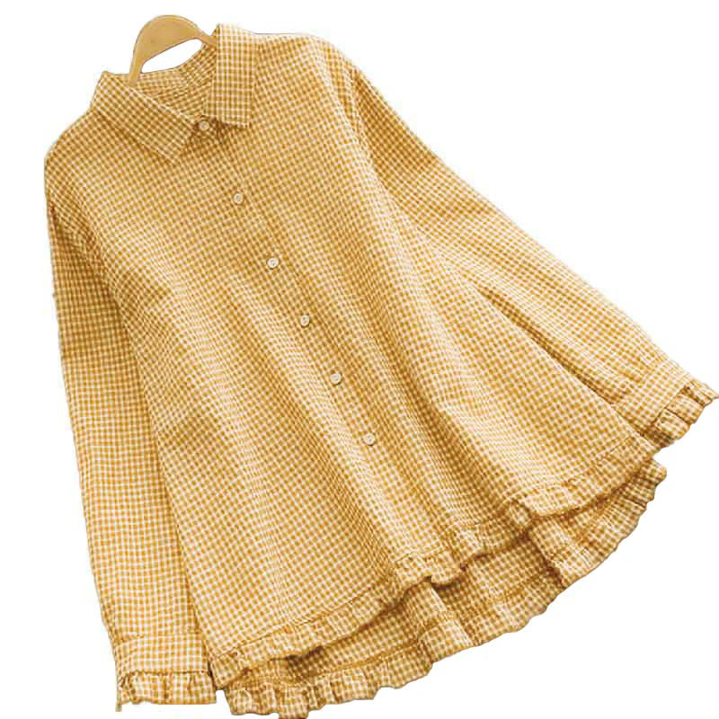 Buddha Stones Spring Plaid Ruffled Hem Design Long Sleeve Women's Cotton Buttons Shirt