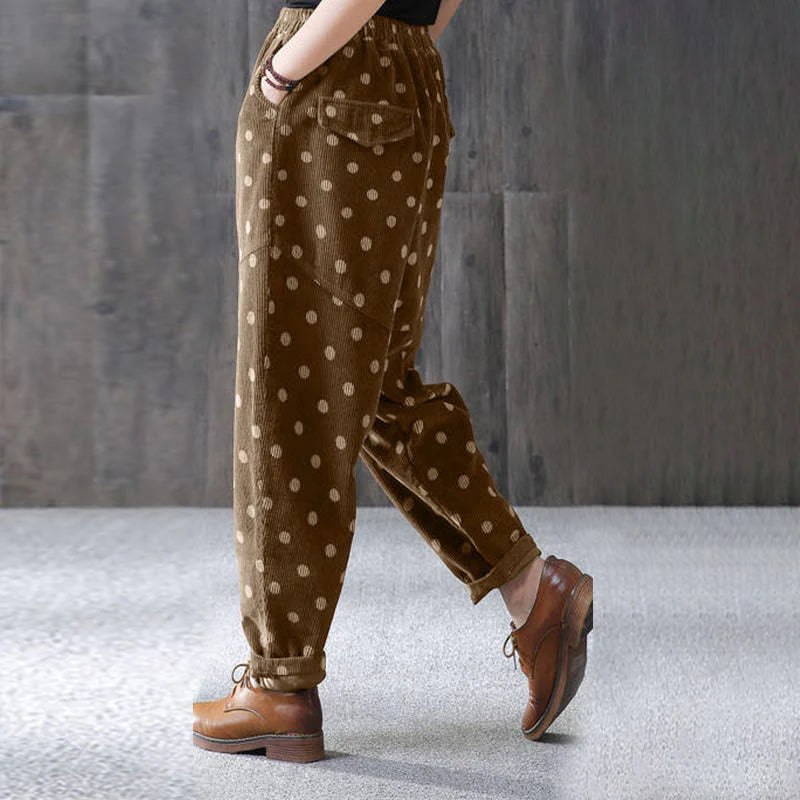 Buddha Stones Women's Fall Commute Printing Dot Pattern Corduroy Harem Pants With Pockets