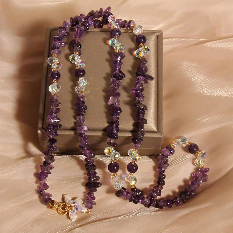 Buddha Stones Butterfly Flower Amethyst Strawberry Quartz Balance Necklace Pendant