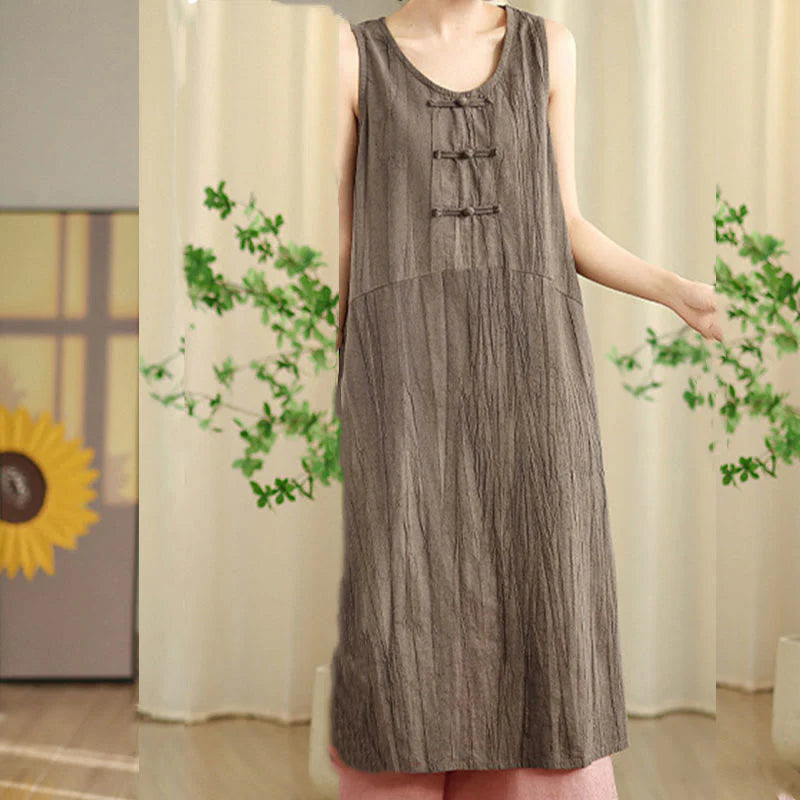 Buddha Stones Tie Dye Chinese Frog-Button RamieÂ Linen Sleeveless Midi Dress With Pockets