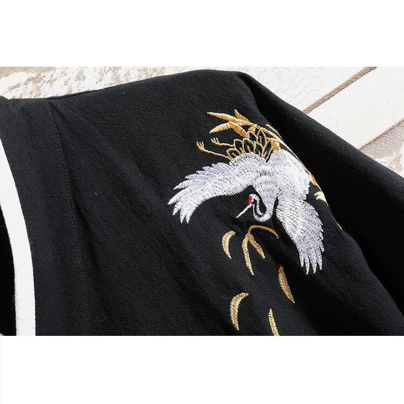 Buddha Stones Tang Suit Embroided Crane Pattern Lace-Up Side Men's Cotton Linen Short Sleeve T-Shirt