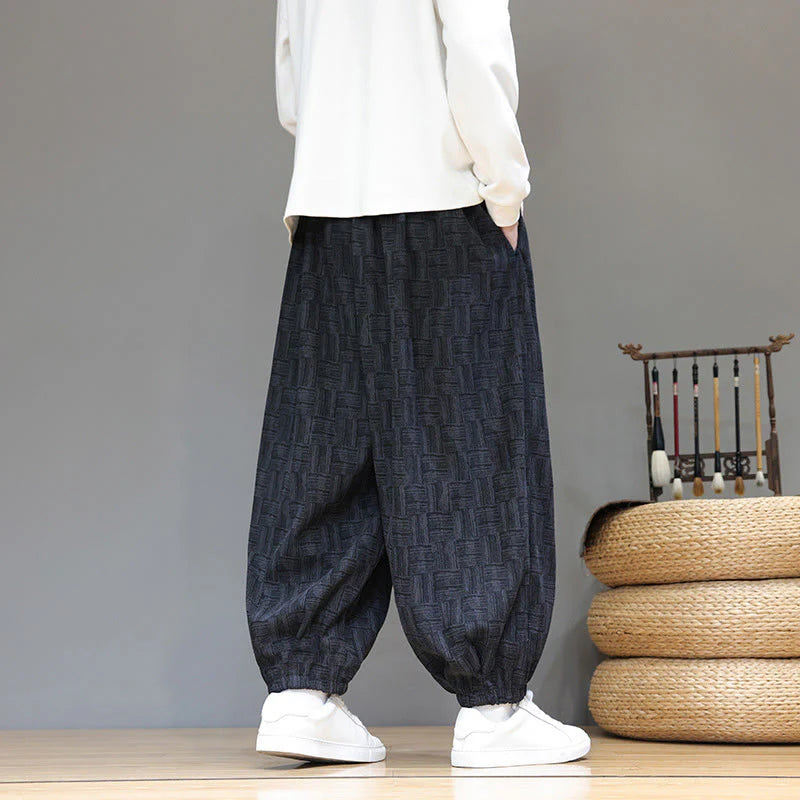 Buddha Stones Fall Jacquard Plaid Pattern Cotton Corduroy Men's Harem Pants With Pockets