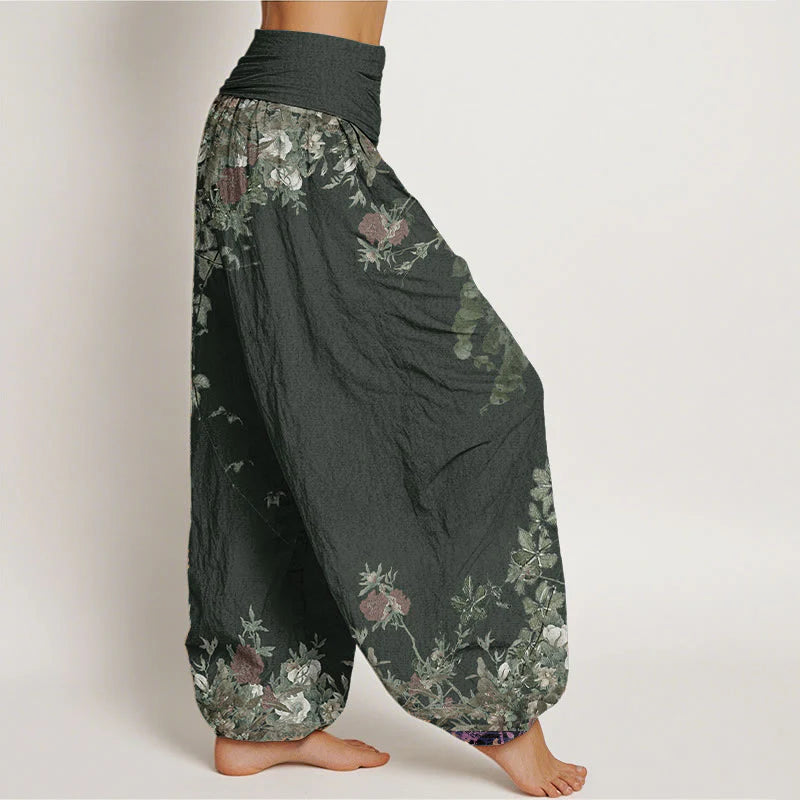 Buddha Stones Pure Cotton Casual Red Peony Flower Vine Design Women's Elastic Waist Harem Pants