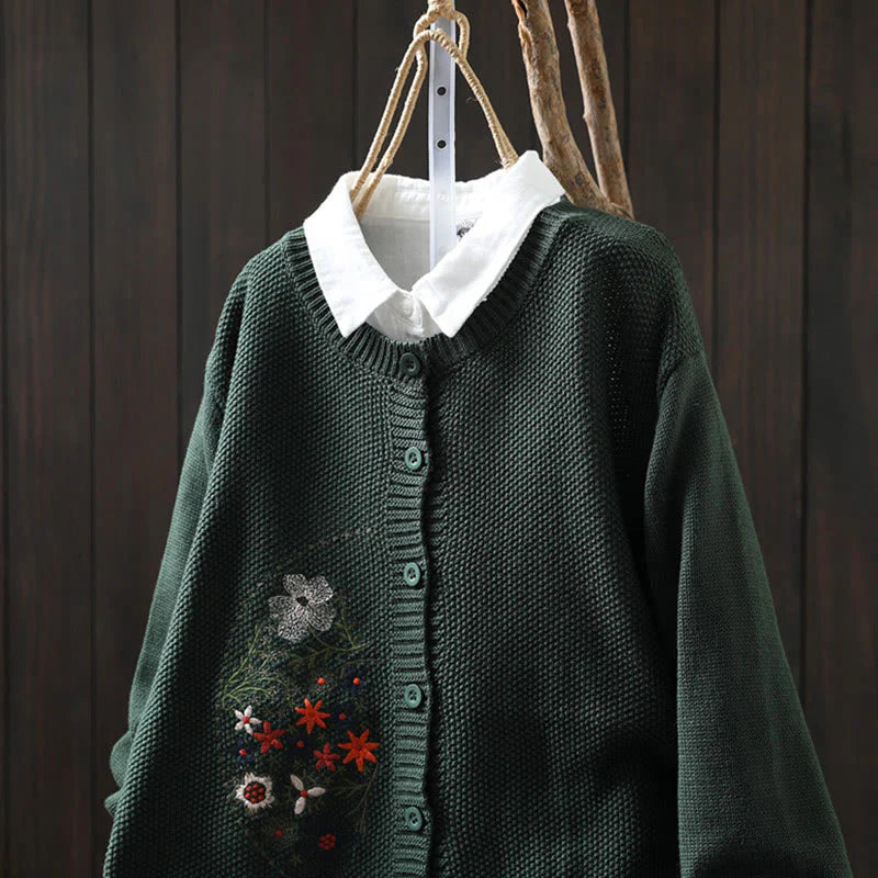 Buddha Stones Floral Embroidery Buttons Cotton Women's Long Sleeve Knitted Cardigan Sweater