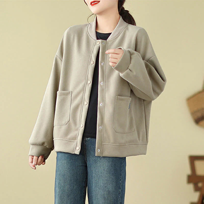Buddha Stones Plain Women's Buttons Crew Neck Long Sleeve Cotton Jacket With Pockets