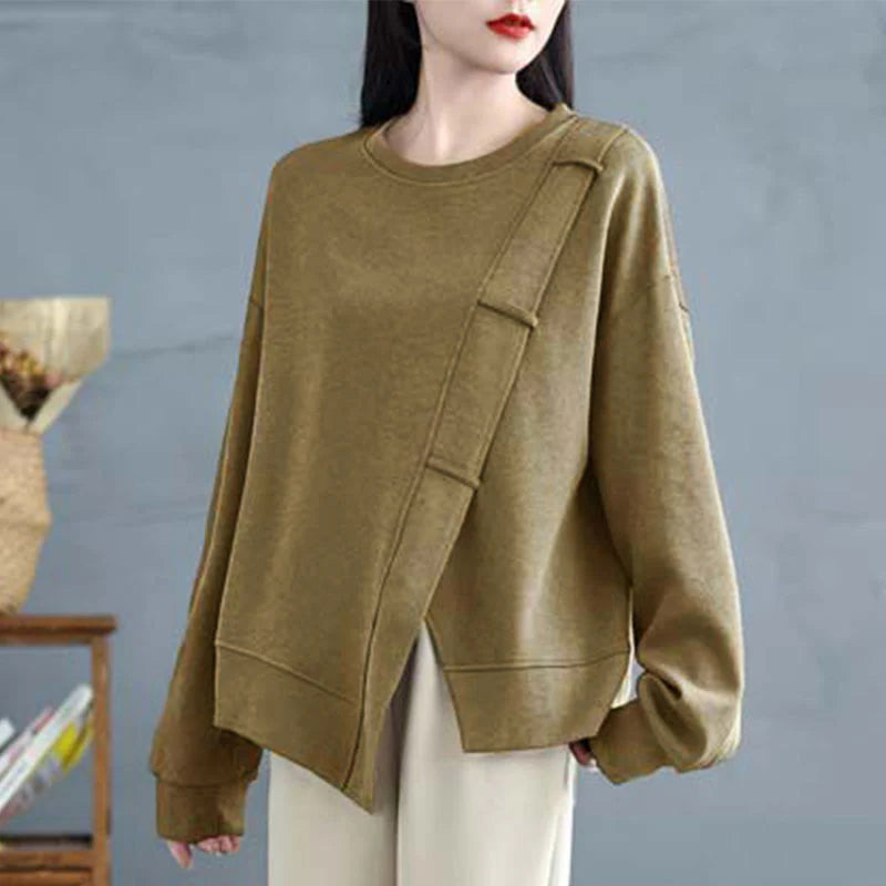 Buddha Stones Fall Solid Color Asymmetrical Design Crew Neck Long Sleeve Women's Cotton Sweatshirt