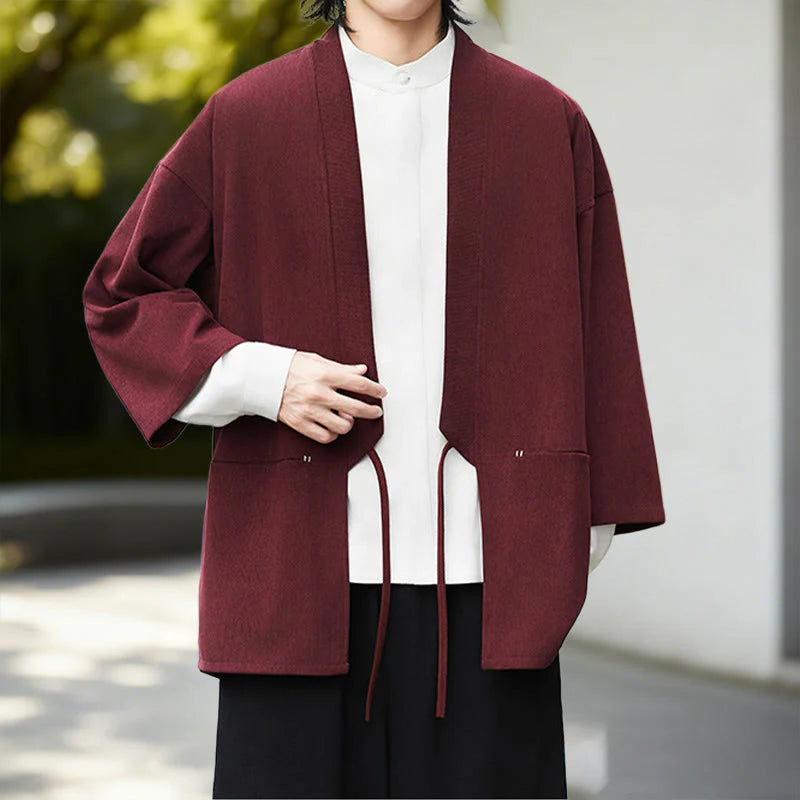 Buddha Stones Fall Solid Color White Men's Long Sleeve Cotton Linen Shirt Corduroy Kimono