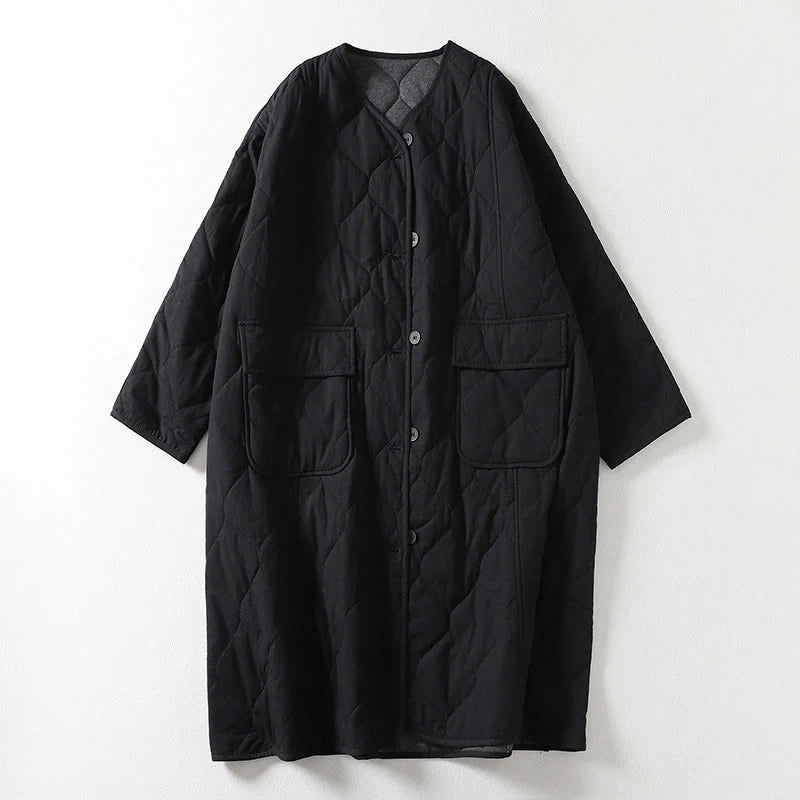 Buddha Stones Plain Buttons V-Neck Long Sleeve Women's Cotton Coat With Pockets