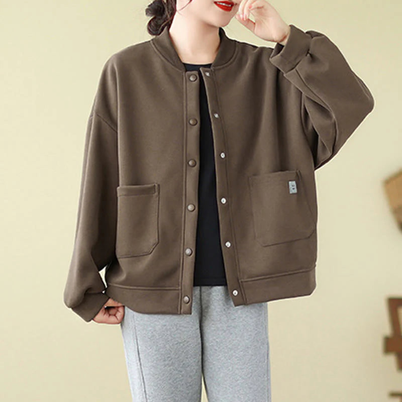 Buddha Stones Plain Women's Buttons Crew Neck Long Sleeve Cotton Jacket With Pockets
