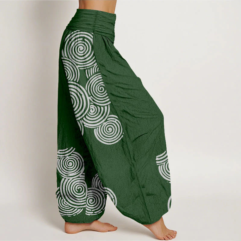 Buddha Stones Printed White Spiral Pattern Women's Elastic Waist Harem Pure Cotton Pants