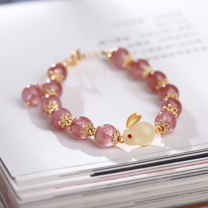 Buddha Stones 925 Sterling Silver Strawberry Quartz Year of the Rabbit Hetian Jade Moonstone Healing Bracelet (Extra 35% Off | USE CODE: FS35)