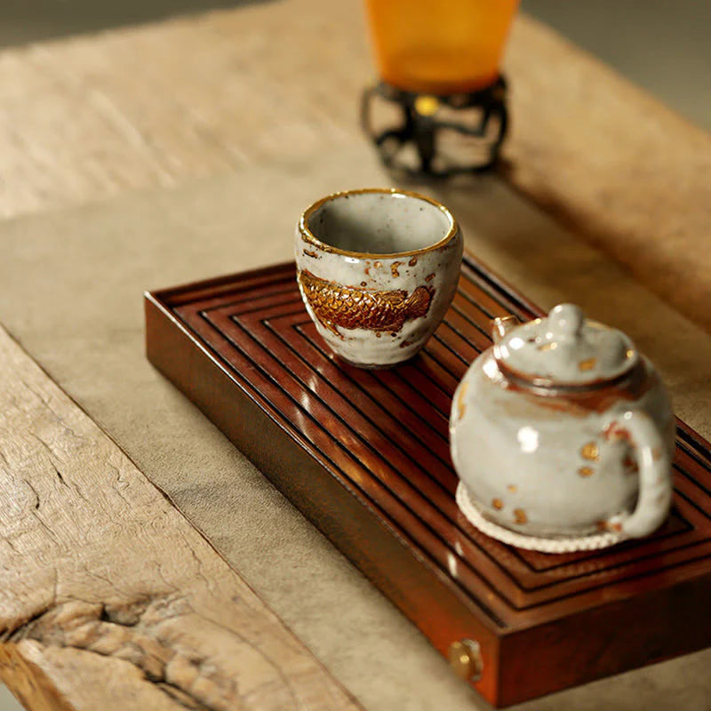 Buddha Stones Handcrafted Golden Arowana Koi Fish Ceramic Teacup Kung Fu Tea Cup Teapot