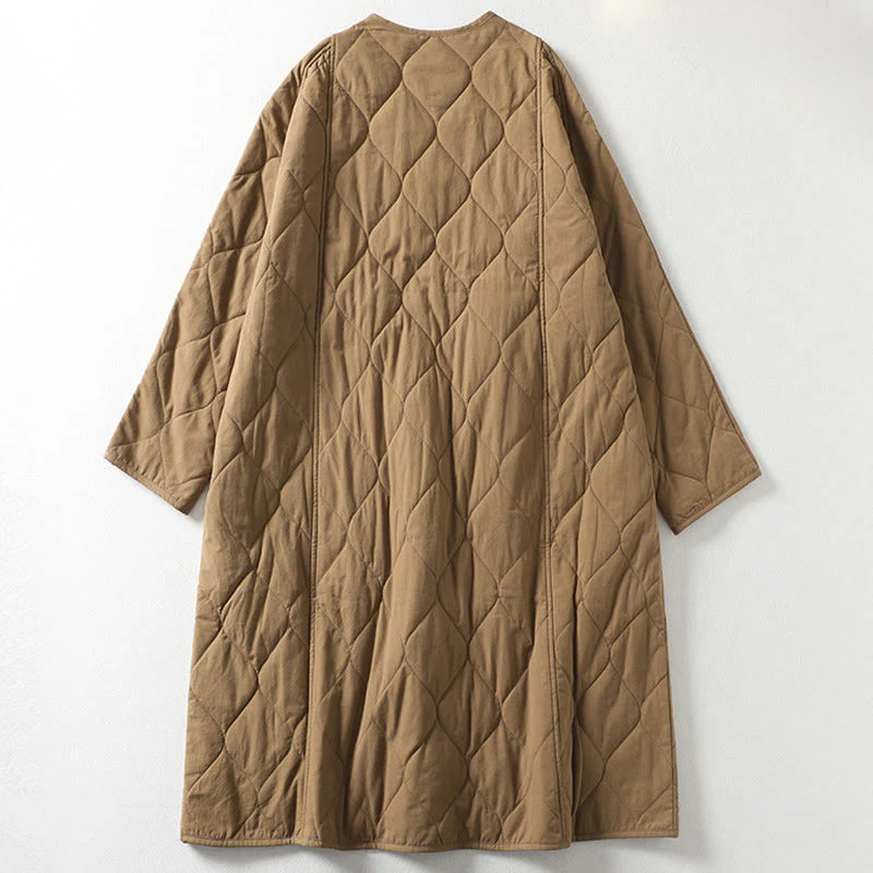 Buddha Stones Plain Buttons V-Neck Long Sleeve Women's Cotton Coat With Pockets