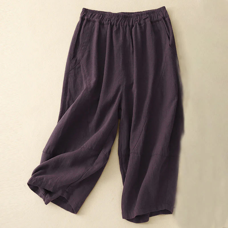Buddha Stones Commute Casual Pure Color Women's Wide Leg Cotton Cropped Pants With Pockets