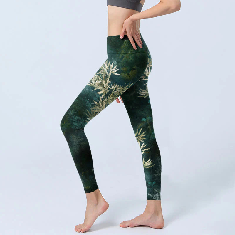 Buddha Stones Elegant Bamboo Leaf Pattern Print Gym Leggings Women's Yoga Pants