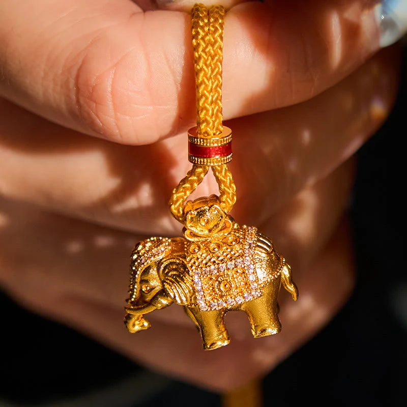 Buddha Stones 24k Gold Plated Brass Elephant Charm Strength Rope Necklace Pendant