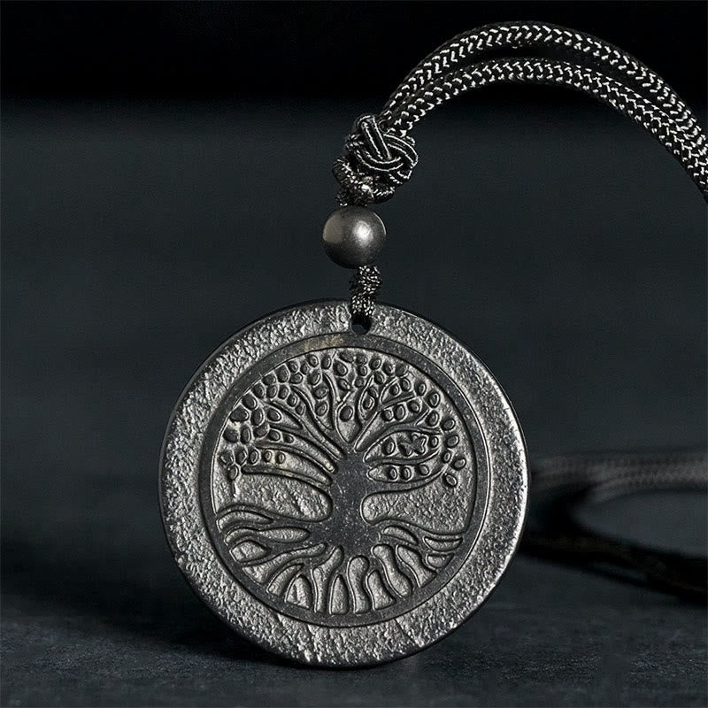 Buddha Stones The Tree of Life Carving Pattern Authentic Shungite Stone Protection Necklace Pendant