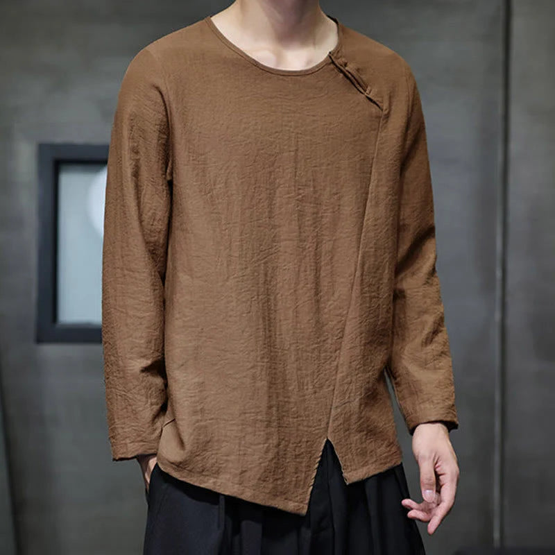 Buddha Stones Solid Color Loose Long Sleeve Round Neck Men's Shirts