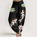 Buddha Stones Cotton Lotus Flower Lotus Leaves Koi Fish Water Ripples Pattern Women's Elastic Waist Harem Pants