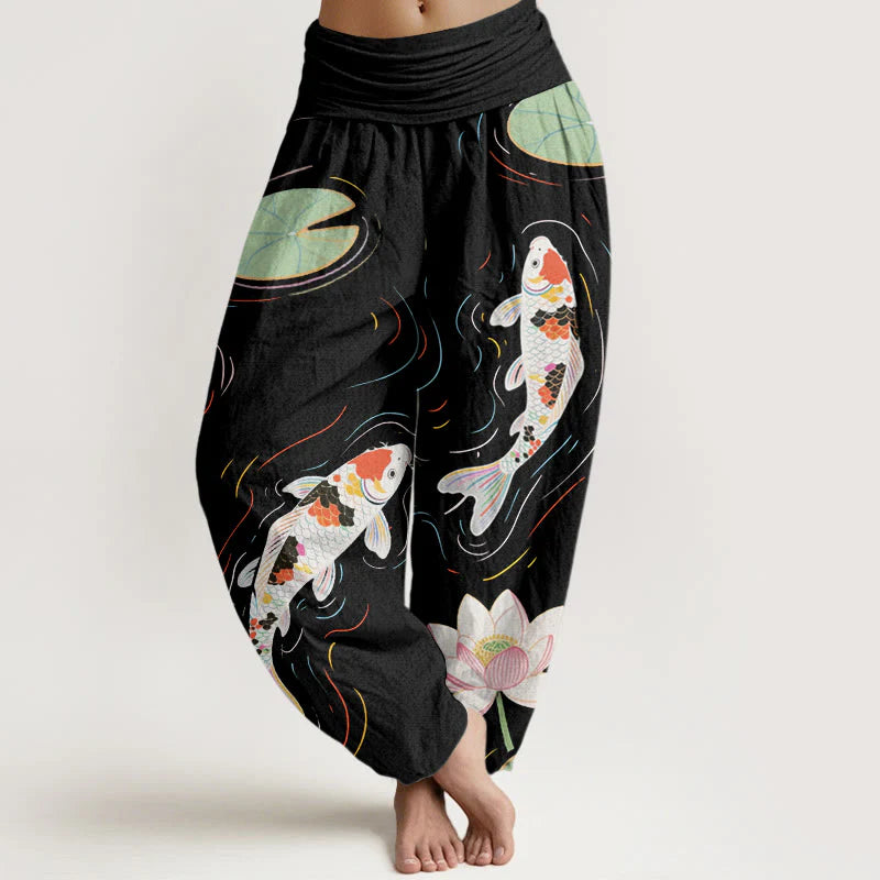 Buddha Stones Cotton Lotus Flower Lotus Leaves Koi Fish Water Ripples Pattern Women's Elastic Waist Harem Pants