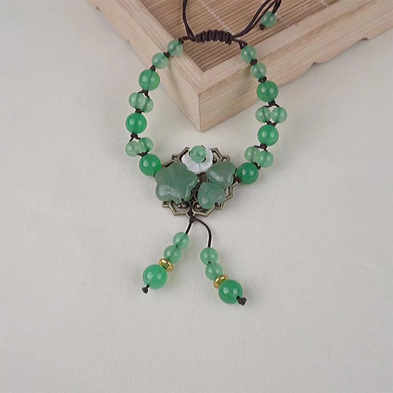Buddha Stones Natural Green Jade Luck Dangling Flower Bracelet