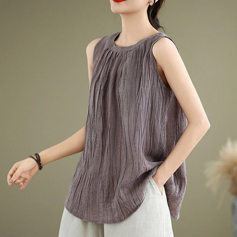 Buddha Stones Summer Wrinkles Simple Design Crew Neck Cotton Linen Women's Sleeveless Vest Waistcoat