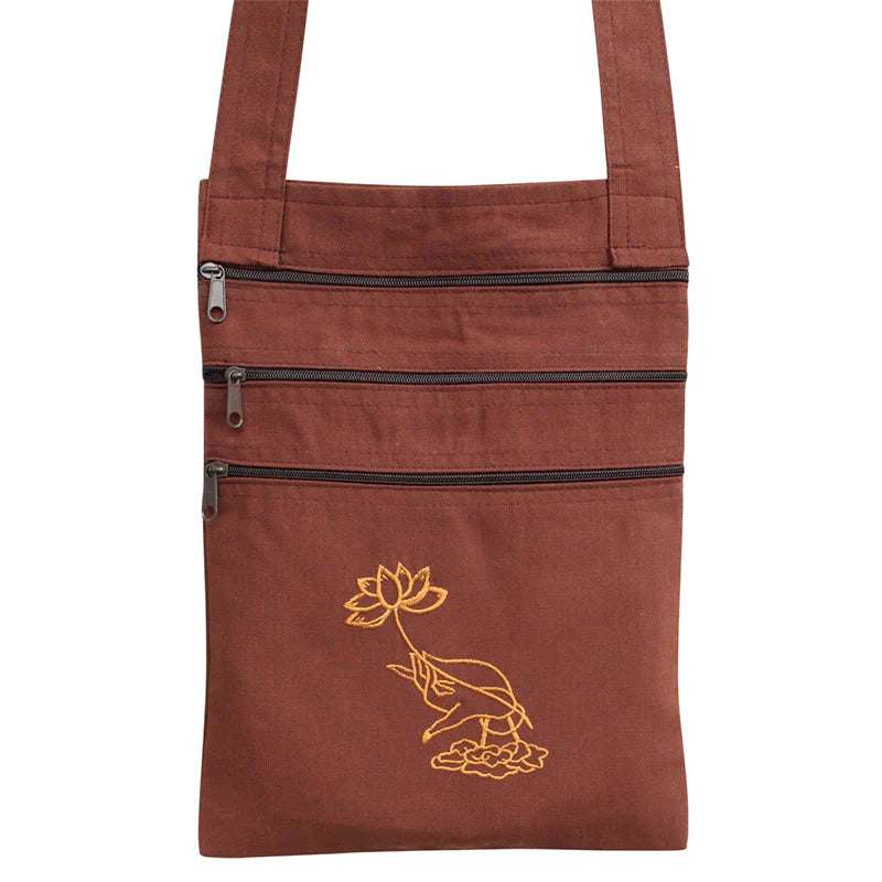 Buddha Stones Spiritual Mind Practice Lotus Embroidered Cotton Shoulder Bag Crossbody Bag