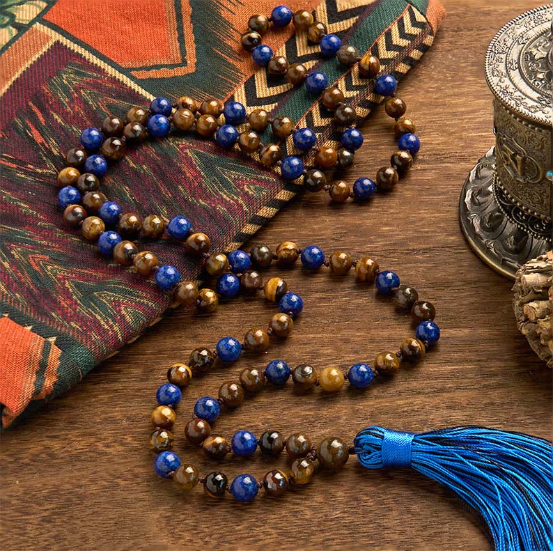 Buddha Stones 108 Beads Natural Stone Tiger Eye Lazurite Lapis Lazuli Mala Tassel Protection Bracelet