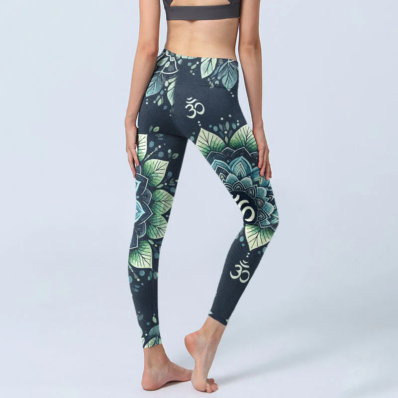 Buddha Stones Symmetrical Om Symbol Flower Pattern Print Gym Leggings Women's Yoga Pants