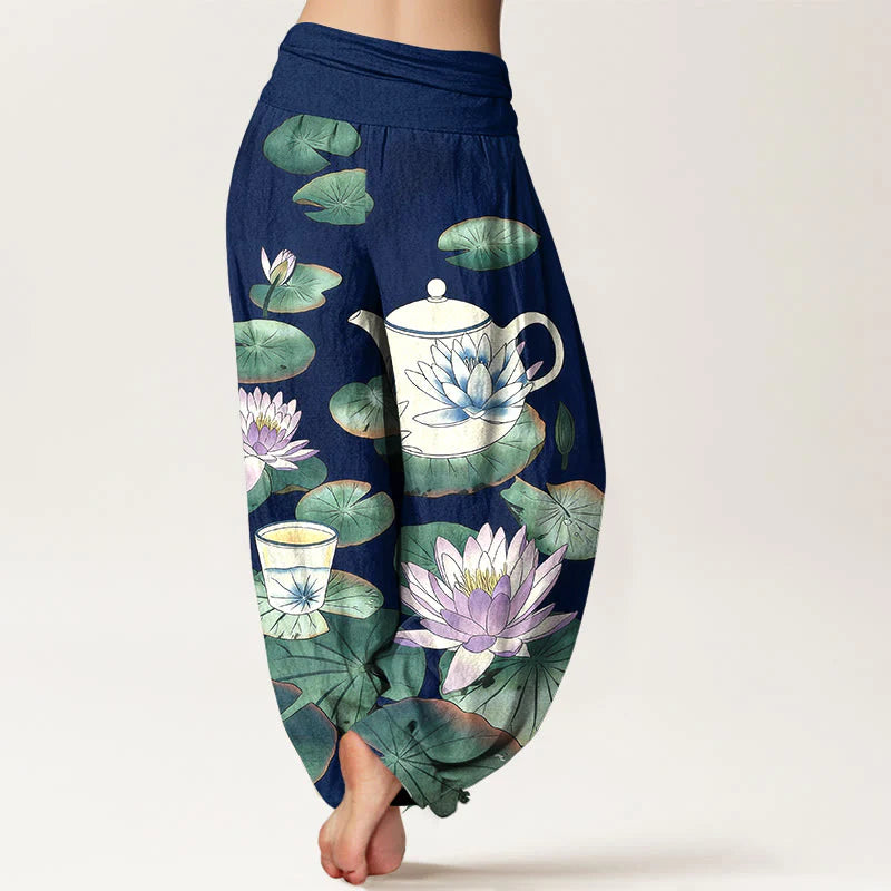 Buddha Stones Pure Cotton Fresh Teapot Cup Lotus Flower Leaf Pattern Women's Elastic Waist Harem Pants