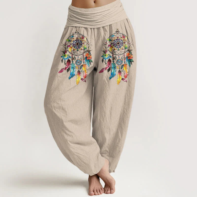 Buddha Stones Cotton Colorful Double Dreamcatchers Pattern High Waist Women's Harem Pants