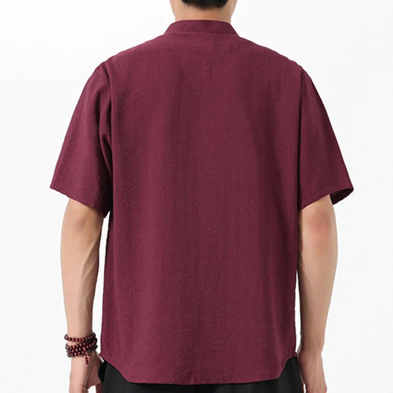 Buddha Stones Embroidery Buttons Half Sleeve Design Stand Collar Men's Cotton Shirt