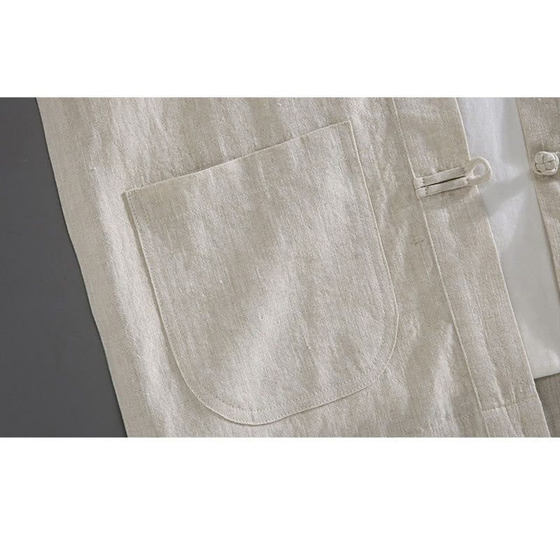 Buddha Stones Vintage Plain Tang Suit Chinese Frog-Button Men's Shirt With Pockets