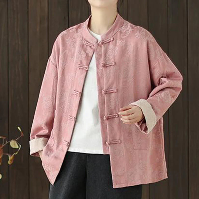 Buddha Stones Fall Floral Print Frog-Button Stand Collar Long Sleeve Women's Cotton Shirt