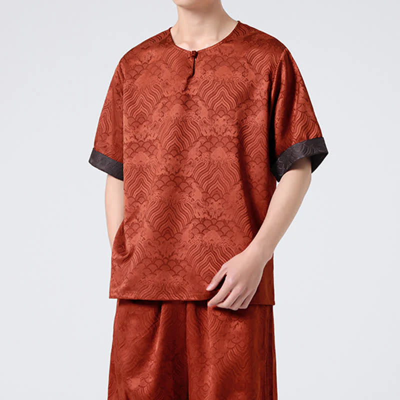 Buddha Stones Summer Retro Crackle Auspicious Cloud Pattern Short Sleeve Men's T-shirt
