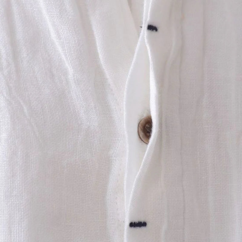 Buddha Stones Men's Shirt Solid Color Lapel Top Short Sleeve Comfy Button Crease Cotton Linen Shirt