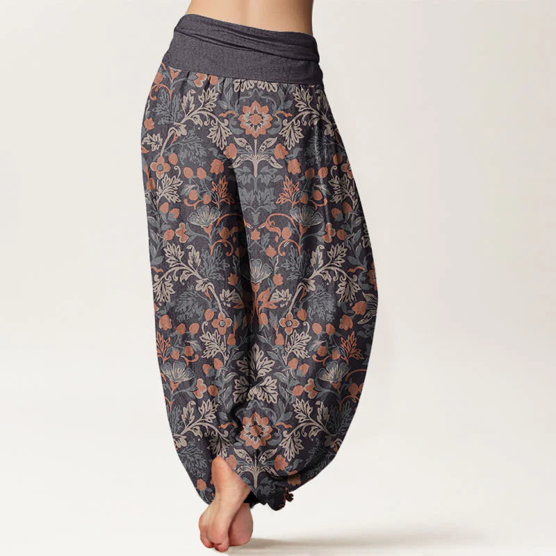 Buddha Stones Cotton Casual Flower Vine Leaves Pattern Women's Elastic Waist Harem Pants