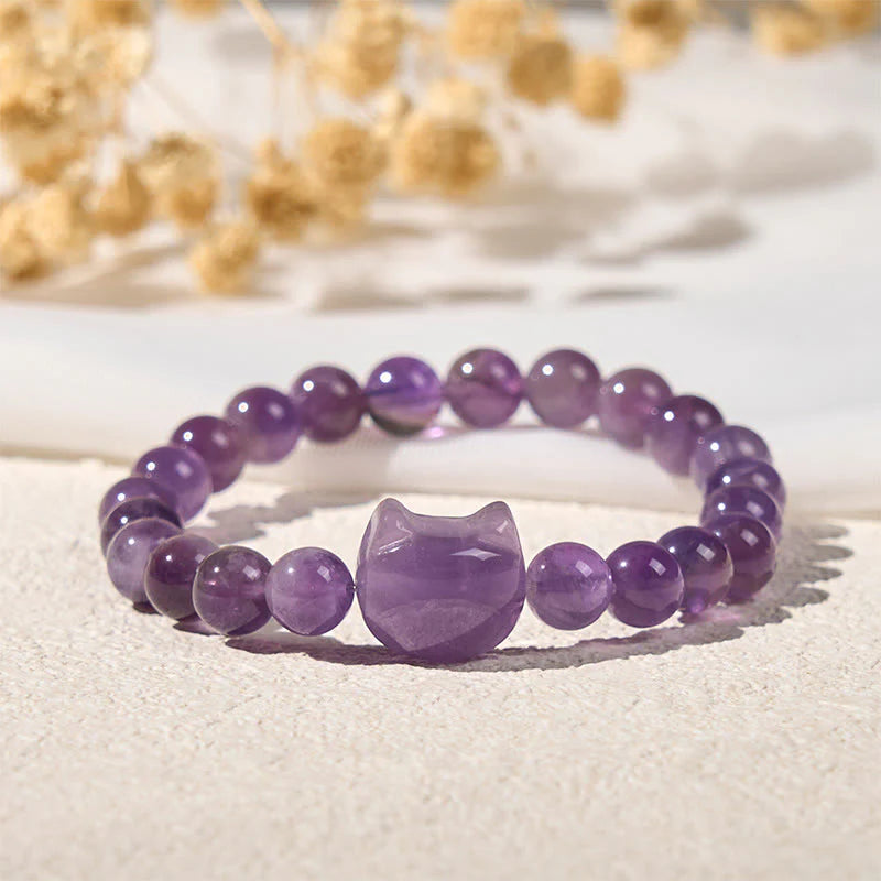 Buddha Stones Wishing You Clarity and Calm Cute Cat Amethyst Bracelet Includes Gift Message Card