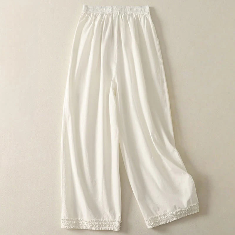 Buddha Stones Casual Ruffle Hem Patchwork Design Drawstring Ankle-length Women's Cotton Pants With Pockets