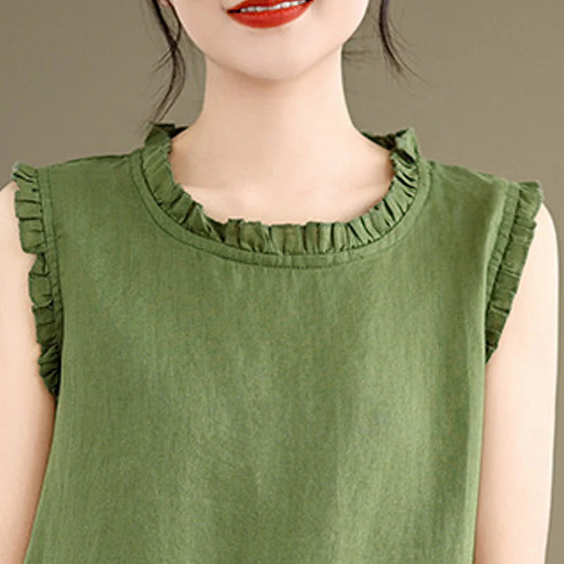 Buddha Stones Summer Ruffled Design Drawstring Crew Neck Cotton Linen Women's Sleeveless Vest