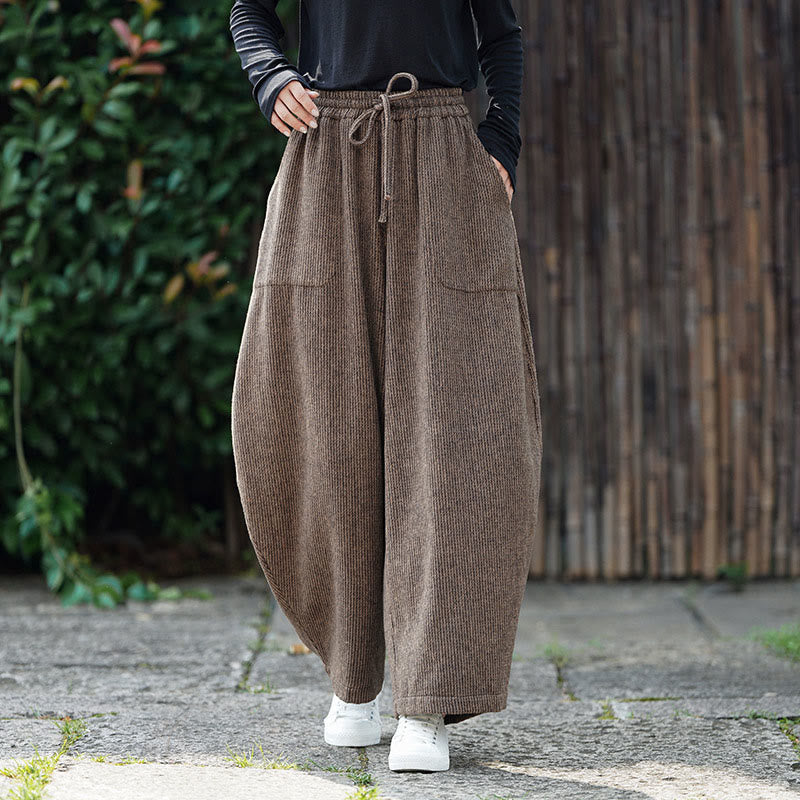 Buddha Stones Winter Men's Pure Color Drawstring Design Cotton High Waist Pants With Pockets