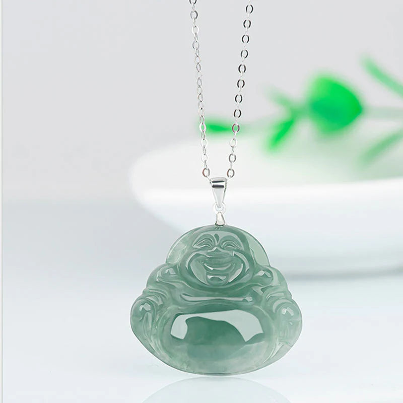 Buddha Stones Laughing Buddha Jade Protection Calm Titanium Steel Chain Necklace Pendant
