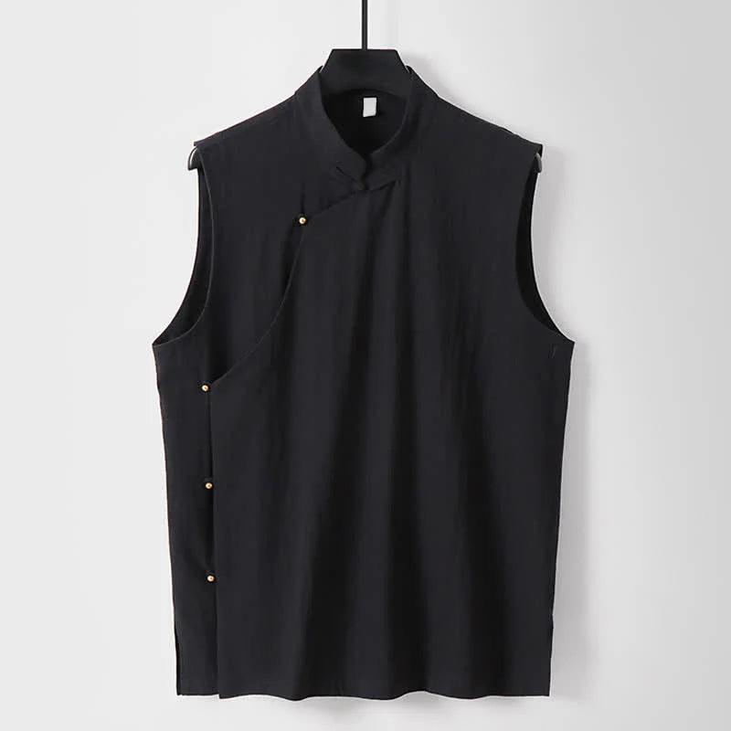 Buddha Stones Summer Solid Color Stand Collar Frog-Button Men's Cotton Linen Sleeveless Vest