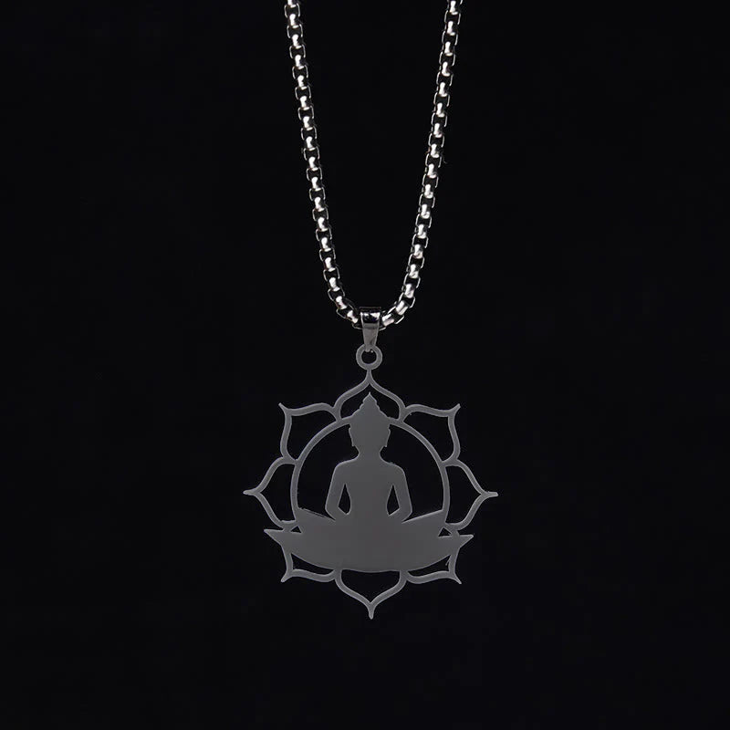 Buddha Stones Vintage Lotus Sitting Buddha Design Stainless Steel Enlightenment Necklace Pendant