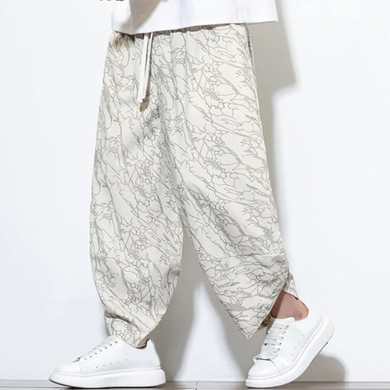 Buddha Stones Fall Textured Lines Print Cotton Elastic Waist Ankle-Length Men's Harem Pants With Pockets