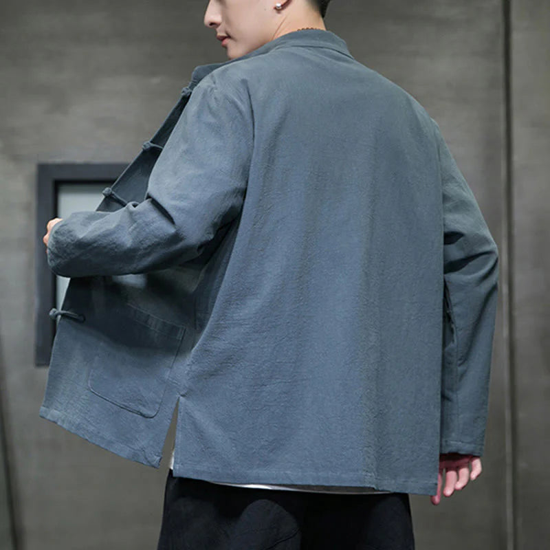 Buddha Stones Simple Frog-Button Chinese Tang Suit Cotton Men Jacket Shirt With Pockets