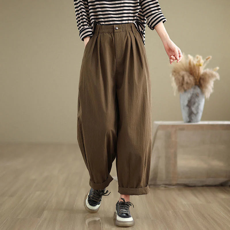 Buddha Stones Casual Solid Color One Top Button Elastic Waistband Women's Pants With Pockets